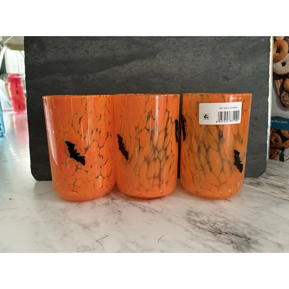 Halloween Charm Glass Thumbprint Confetti Bats Orange Set Of 2 Trendy influencer
